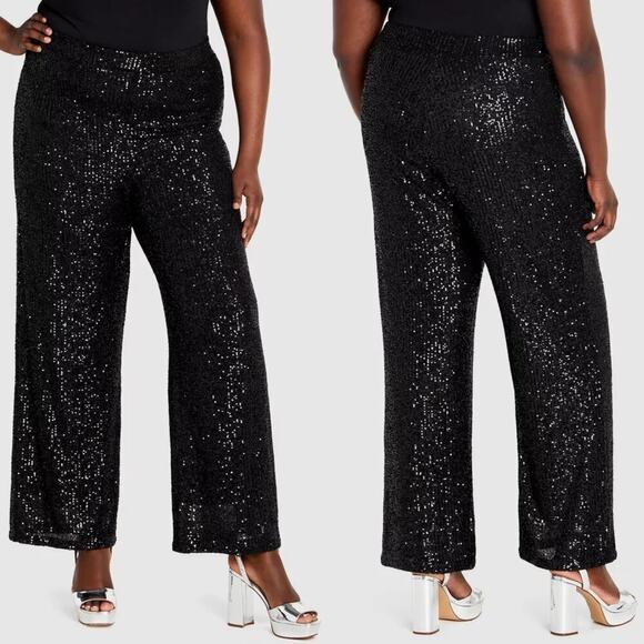 City Chic Avery Pant Sequin Embellished Pull On Mid Rise Wide Leg Black 14 NWT - Picture 1 of 6